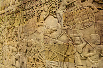 Fototapeta na wymiar Bas relief sculpture, elephant charging into battle, Angkor Thom, Seam Reap.