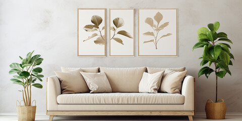 White and beige rustic sofa with potted houseplants against. Poster with frame. Scandinavian interior design of a modern living room