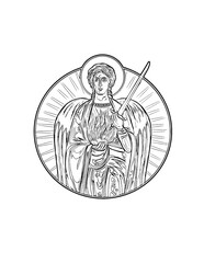 Fototapeta na wymiar Archangel Uriel. Coloring page in Byzantine style on white background