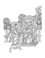 Annunciation to the Blessed Virgin Mary.  Coloring page in Byzantine style on white background