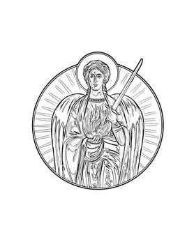 Archangel Uriel. Coloring page in Byzantine style on white background