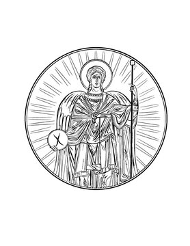The archangel Michael. Coloring page in Byzantine style on white background