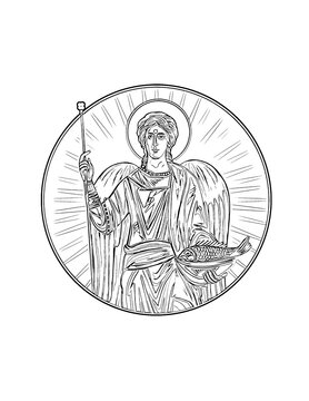 Raphael archangel. Coloring page in Byzantine style on white background