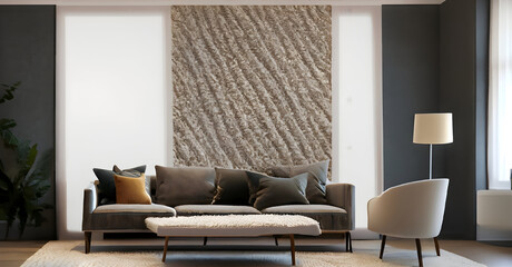 modern living room with sofa Fiber wallpaper in a modern living room with soft, natural lighting."