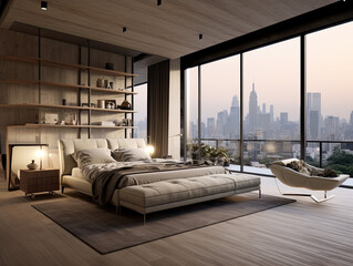 Minimalist loft interior design of modern bedroom with panoramic windows