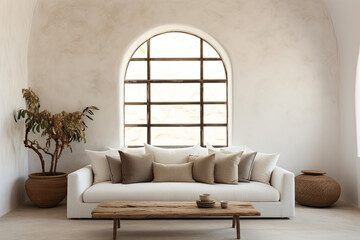 Minimalist rustic interior design of a modern living room. White sofa with light orange stucco wall, arched window