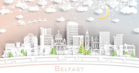 Belfast Northern Ireland. Winter City Skyline in Paper Cut Style with Snowflakes, Moon and Neon Garland. Christmas, New Year Concept. Belfast Cityscape with Landmarks.