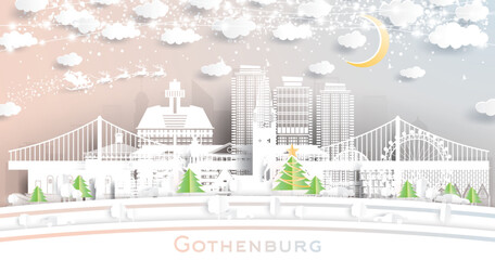 Gothenburg Sweden. Winter City Skyline in Paper Cut Style with Snowflakes, Moon and Neon Garland. Christmas, New Year Concept. Gothenburg Cityscape with Landmarks.