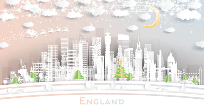 England. Winter City Skyline in Paper Cut Style with Snowflakes, Moon and Neon Garland. Christmas, New Year Concept. Cityscape with Landmarks. Bristol. Leeds. Sheffield. London.