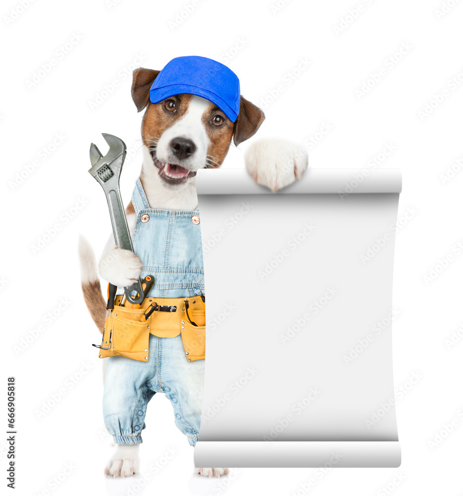 Aufkleber Funny puppy wearing overalls with tool belt shows empty list and adjustable wrench. Isolated on white background