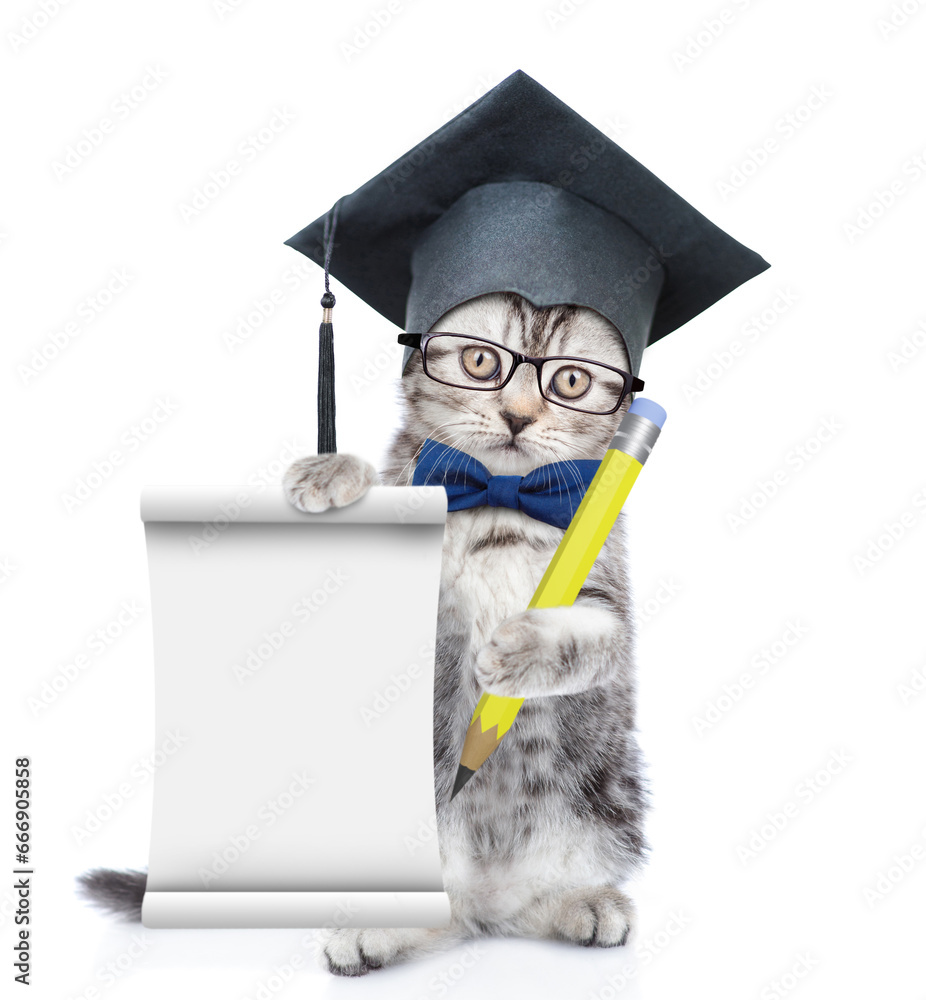 Aufkleber happy graduated cat wearing eyeglasses and tie bow standing on hind legs and shows empty list. isola