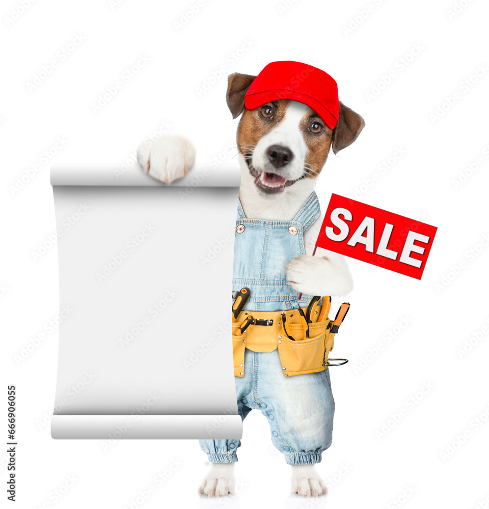 Poster funny puppy wearing overalls with tool belt shows empty list and signboard with labeled 