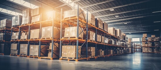 Warehouse interior with selective focus and toned image presented as a horizontal banner