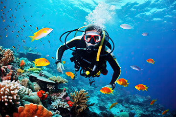 Scuba diver swimming underwater with colorful tropical fish and corals.