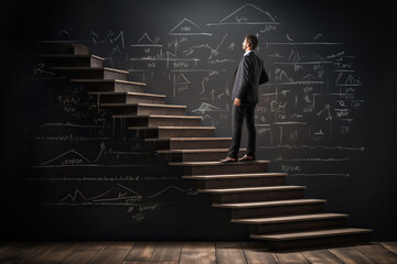 Fototapeta na wymiar Businessman standing on stairs leading to a blackboard with business sketches.