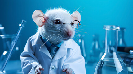 A rat with lab coat in the research laboratory - obrazy, fototapety, plakaty