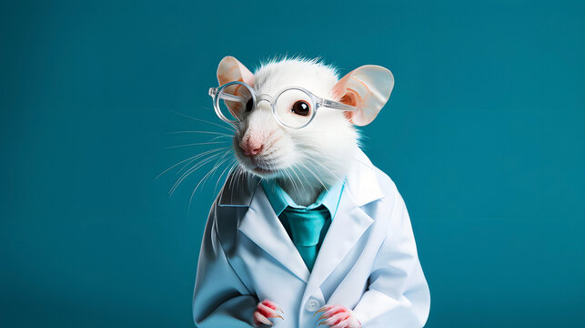 Concept of animal experimentation. A white rat in a lab coat and goggles