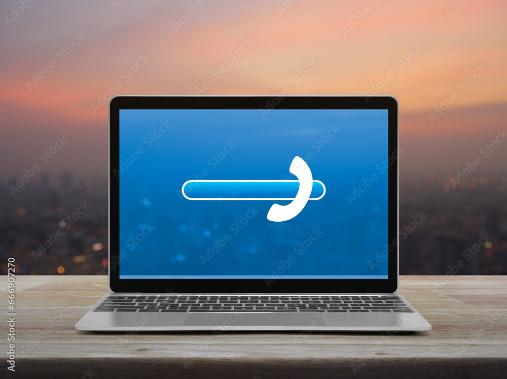 Poster phone icon with copy space for add your phone number on modern laptop computer monitor screen on woo