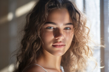 Naklejka premium Portrait of a beautiful young woman with the sun on her face