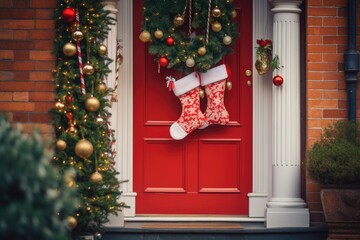 Fototapeta na wymiar Christmas socks hanging on the front door