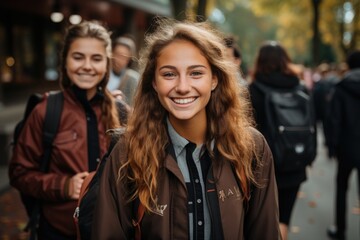 Obraz premium A happy student girl with friends with a backpack in an autumn park