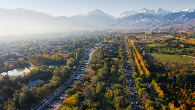 Aerial view panorama of river and mountains in Almaty
