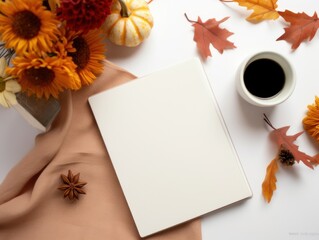 Notebook, surrounded by fall-themed decor, ready for gratitude reflections and notes. Cup of coffee.