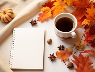 Naklejka na ściany i meble Notebook, surrounded by fall-themed decor, ready for gratitude reflections and notes. Cup of coffee.