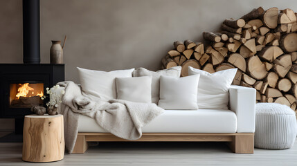 Tree stump coffee table near white sofa and pouf against wood paneling wall with fireplace and stack of firewood. Scandinavian style home interior design of modern living room