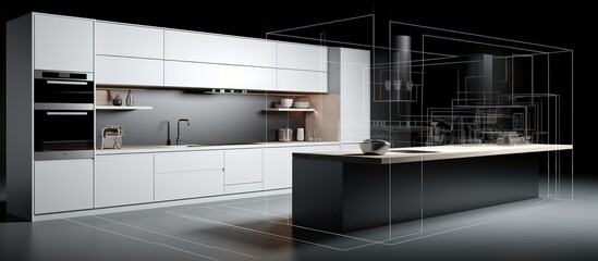 Linear kitchen in three dimensions - obrazy, fototapety, plakaty