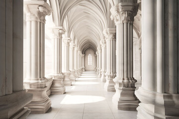 Säulengang in einem gotischen Kloster, Kreuzgang, weißer Marmor, Generative AI, KI