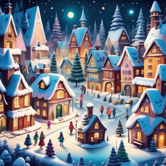 Magical winter village with whimsical houses, sparkling lights, and cheerful inhabitants.