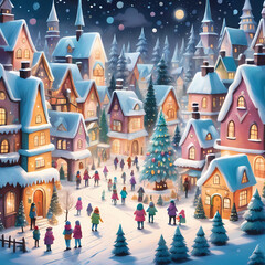 Fototapeta na wymiar Magical winter village with whimsical houses, sparkling lights, and cheerful inhabitants.