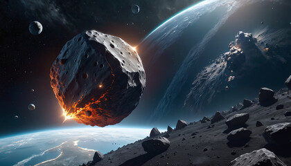 Apocalyptic collision: Earth's catastrophic encounter with a fiery asteroid.