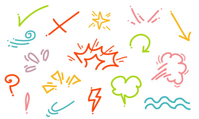 Doodle set cartoon of colorful expressions effects. Hand drawn emoticon effects design elements. vector illustration
