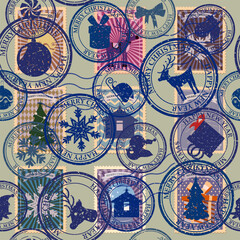 Retro postal stamp seamless pattern Christmas old postage stamps