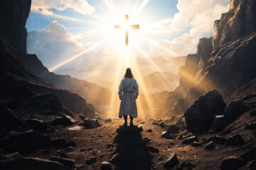 Jesus Christ standing at entrance to tomb. resurrection of Christ. light from heaven. Jesus is risen out of a dark stone cave into light. Easter - obrazy, fototapety, plakaty