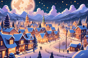 Snow-covered town, aglow with twinkling lights, where families gather for Christmas warmth and celebration.
