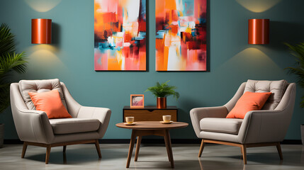 Two armchairs in room with terra cotta wall and colorful rug. Mid-century style home interior design of modern living room