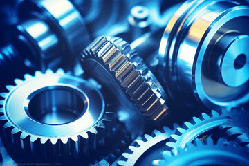 Industrial mechanical parts, gears and bearings against titanium and in blue toning concept - obrazy, fototapety, plakaty