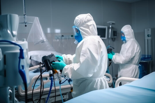 Cleaner in protective clothing perform disinfection and cleaning in the intensive care unit of the clinic