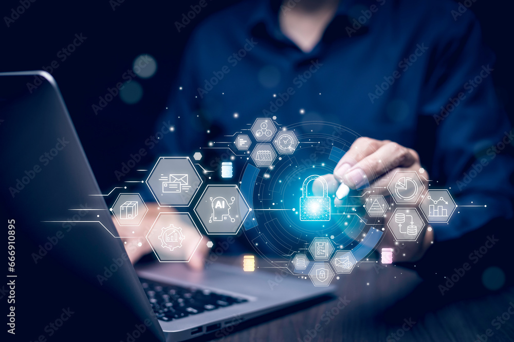 Poster cyber security and security password login online concept hands typing and entering username and pas
