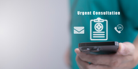 Health insurance and medical inquiry form concept. The doctor holds a Smartphone with a checkbox for Health status in the Health Status evaluation form and hospital Contact documents. - obrazy, fototapety, plakaty