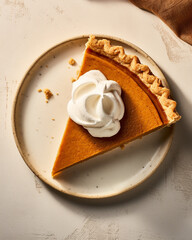 Closeup of a Fresh Baked Pumpkin Pie Slice with a Dollop of Whipped Cream - Against a Light Cream Textured Background - Fresh Autumnal and Fall Color Scheme in Boho Chic Aesthetic