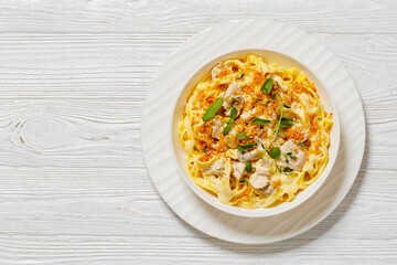 creamy chicken and mushroom tagliatelle in bowl