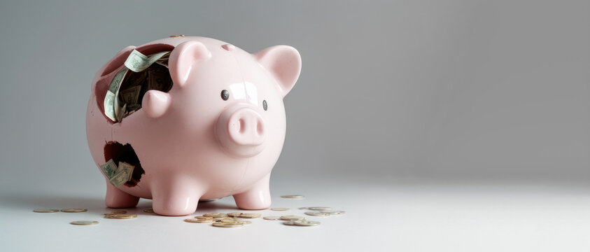 broken piggy bank. coins and banknotes fall out of piggy bank into holes. financial crisis, budget deficit, debt, bankruptcy. gray background