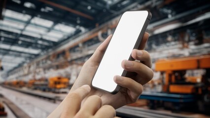 CU View of Caucasian male worker using smartphone inside huge factory