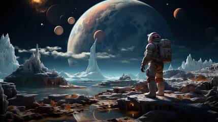 Astronaut stands on alien terrain, gazing at majestic planets and moons in the cosmic sky, with towering ice formations and serene waters surrounding.
