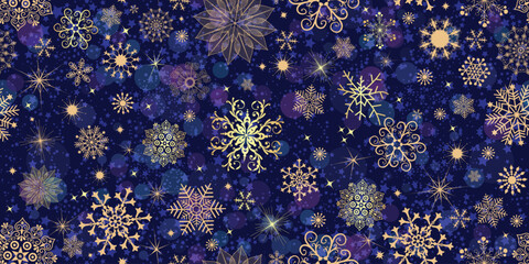 Vector Christmas seamless pattern with golden snowflakes on the dark blue background with bokeh. Card, frame