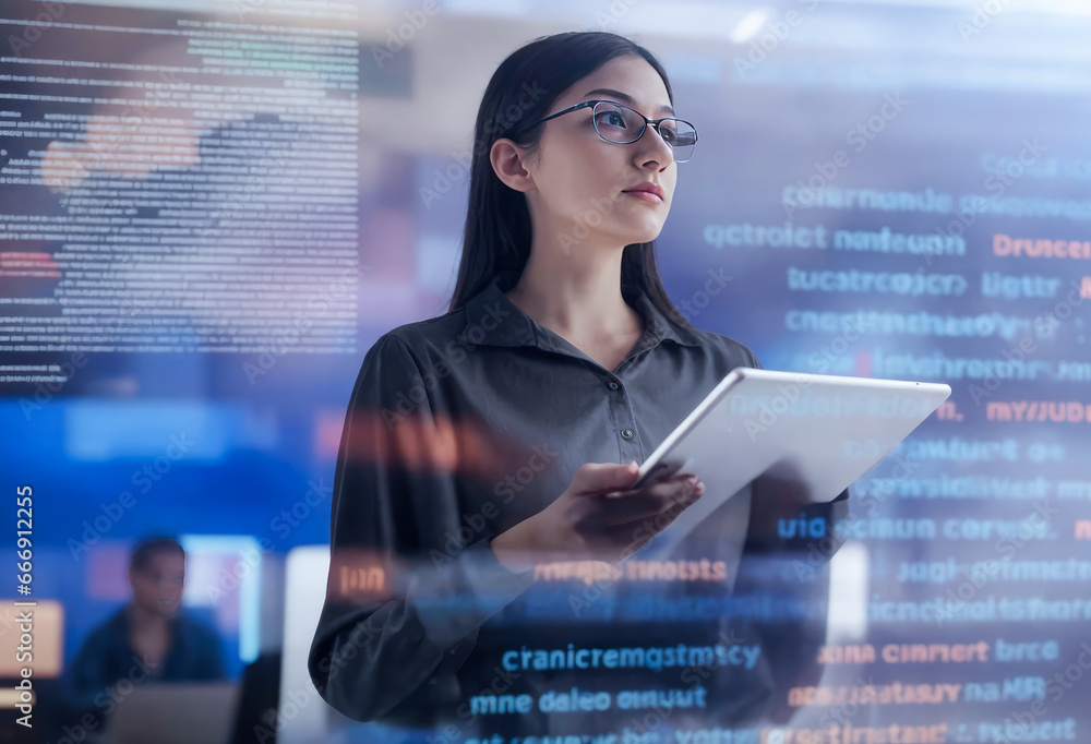 Poster young woman programmer stands in front of large screen with code and holds tablet in her hands. port